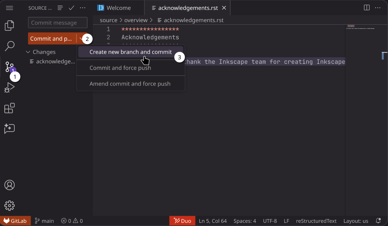 Steps to commit in the web IDE