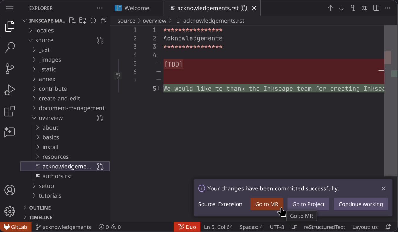 The interface after commiting the changes