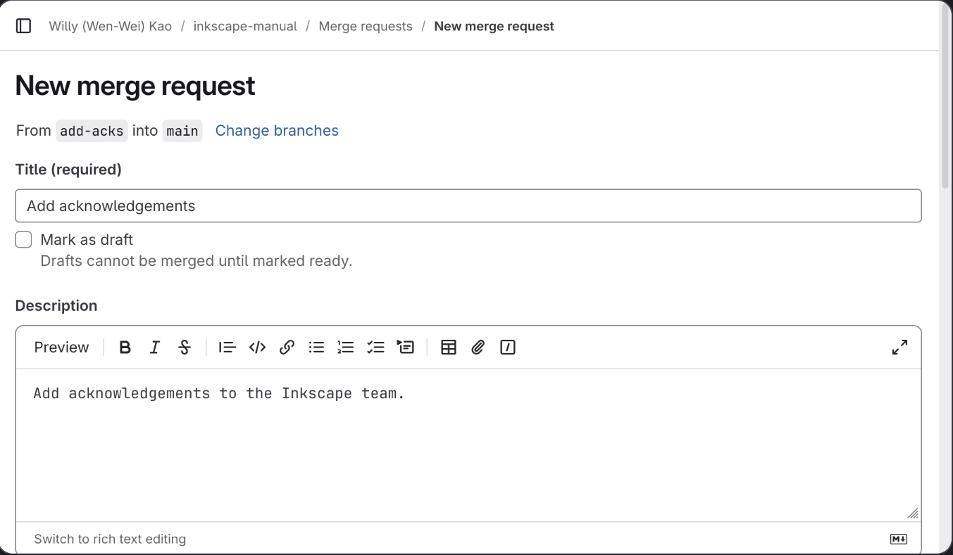 The Create merge request screen