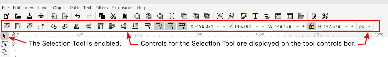 Selection tool controls bar